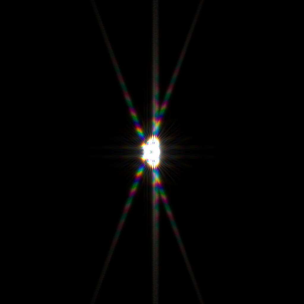True color Bahtinov diffraction pattern showing characteristic misalignment when defocused