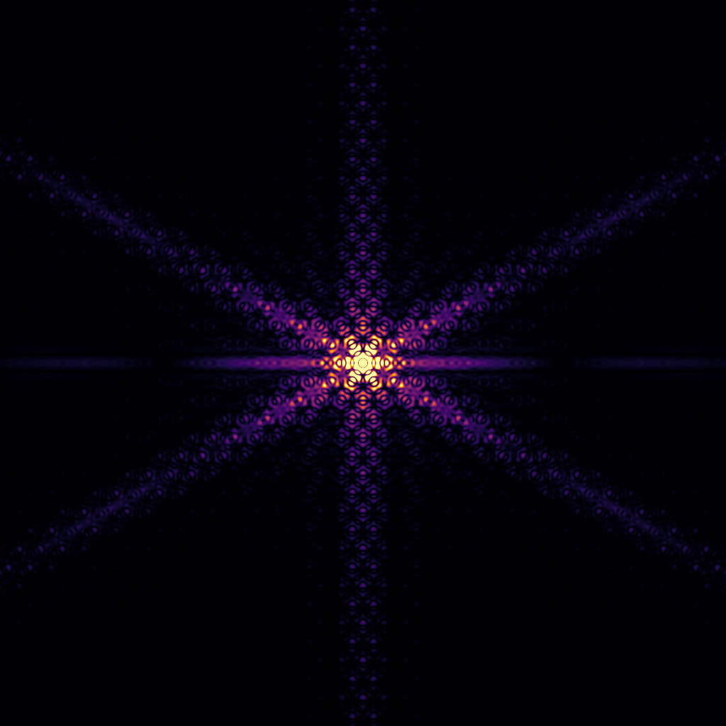 Narrowband intensity point spread function of the James Webb Space Telescope rendered in the inferno colormap
